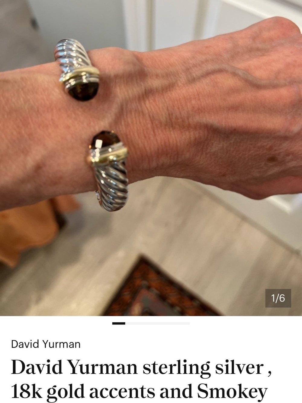 David Yurman Sterling Silver & 18k Gold Cable Cuff Bracelet with Smoky Quartz - Picture 2 of 6